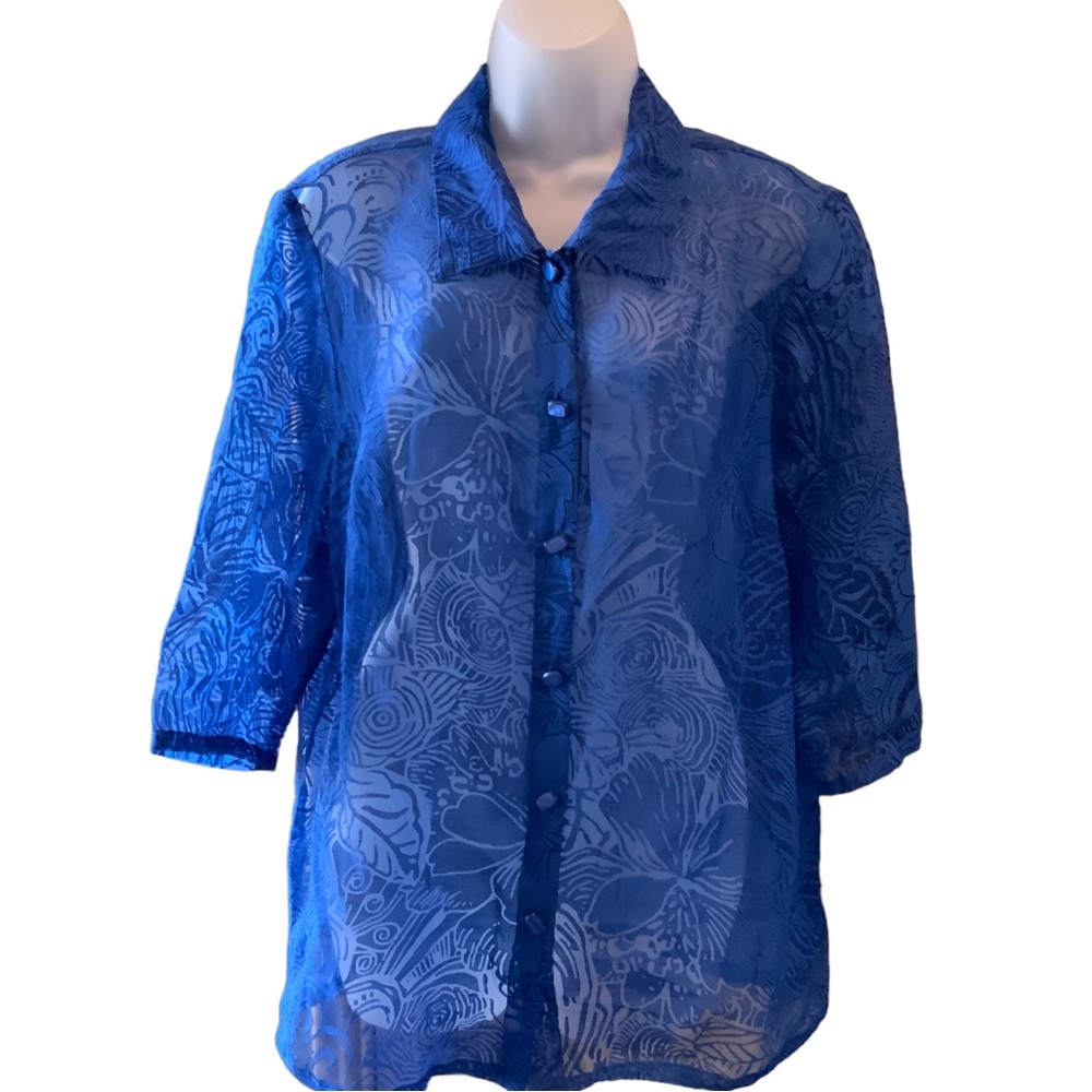 Draper’s and Damon’s Blouse Jacket Blue Button Down Semi Sheer Size PXL
